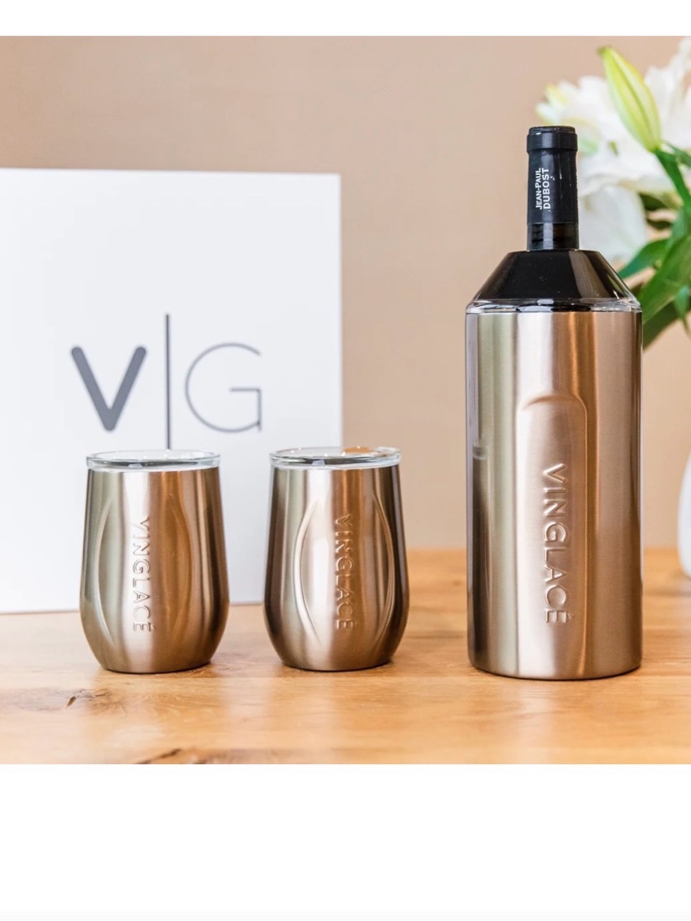 Rose-Gold Insulated Wine Cooler and Two Stemless Tumblers